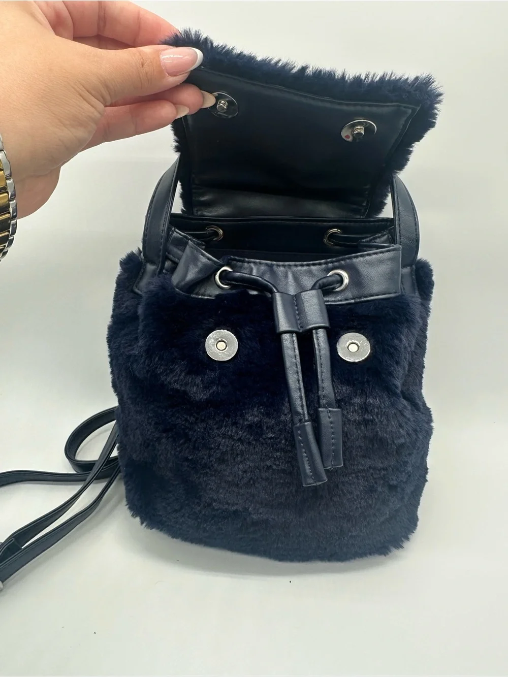 Swarovski Black Faux Fur Mini Backpack with Logo Plate